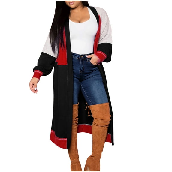 Women's Long Sleeve Trench Sweater Knitted Jacket Color Block Patchwork Lady Casual Jackets Baggy Maxi Duster Outwear Front Open Cardigan Winter Clothes Trendy Black S