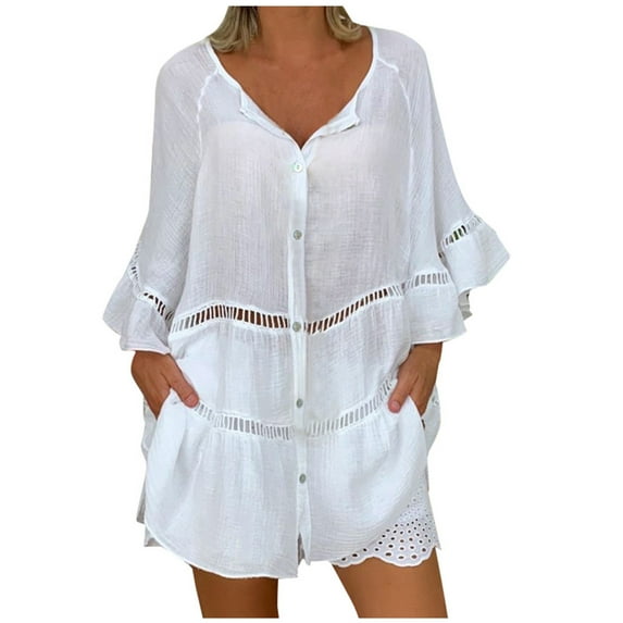 Women's Plus Size Babydoll Oversize Long Bouse Mini Dress Vintage Summer Tops Woman Dressy Solid Color Eyelet Tees 3/4 Sleeve Western Shirts Tunic Button Down V Neck T Shirt White XL