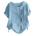 thumbnail image 1 of Black of Friday Women's Short Sleeve Dressy Elegant Tops Clearance Crewneck Spring Tops Cotton Linen Leisure Tunic to Wear with Leggings Summer Vintage Shirts Basics Solid Color Ladies Sky Blue S, 1 of 6