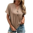 thumbnail image 1 of Women's Short SleeveCowl Draped Neck Elegant Tunic Vintage Solid Color T Shirt Casual Loose Comfy Tees Trendy Fashion Clothes Button up V Neck Shirts Summer Tops Khaki XL, 1 of 8