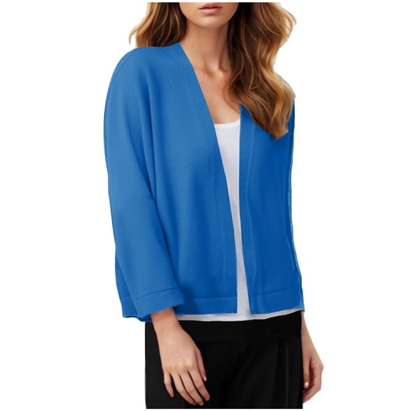 Women's Solid Color Crop Cardigan Soft Business Office Open Front Sweater Fashion s for 3/4 Sleeve Kimono Comfy Bolero Shrugs Casual Loose Cover Up Knit Jackt Sky Blue L