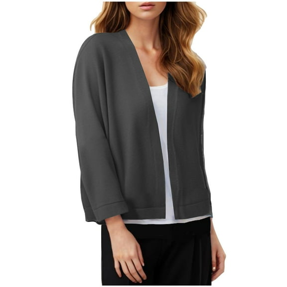 Women's Solid Color Crop Cardigan Soft Business Office Open Front Sweater Fashion s for 3/4 Sleeve Kimono Comfy Bolero Shrugs Casual Loose Cover Up Knit Jackt Dark Gray L