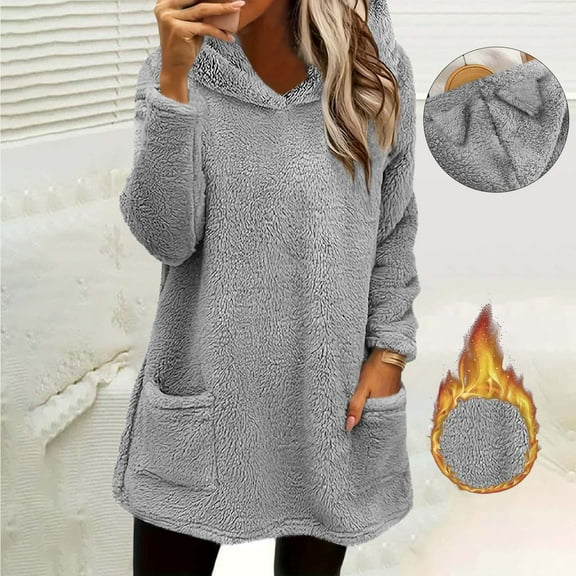 GaThRRgYP Sweatshirts for Women,Women Long Sleeve Hooded Blouse Winter Loose Solid Pocket Warm Long Sleeve Blouse Gray L