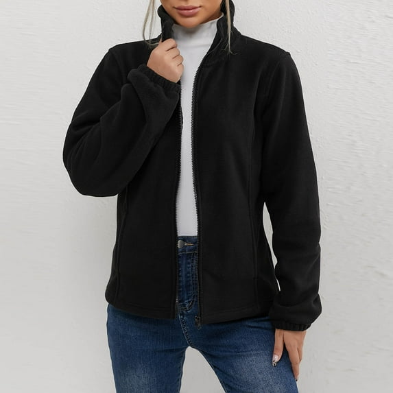 Black*Friday Womens Clothing Clearance under $5 GaThRRgYP Womens Jackets Plus Size,Ladies' Casual Colored All-purpose Full-zip Long-sleeved Capless Fleece Jacket Black S