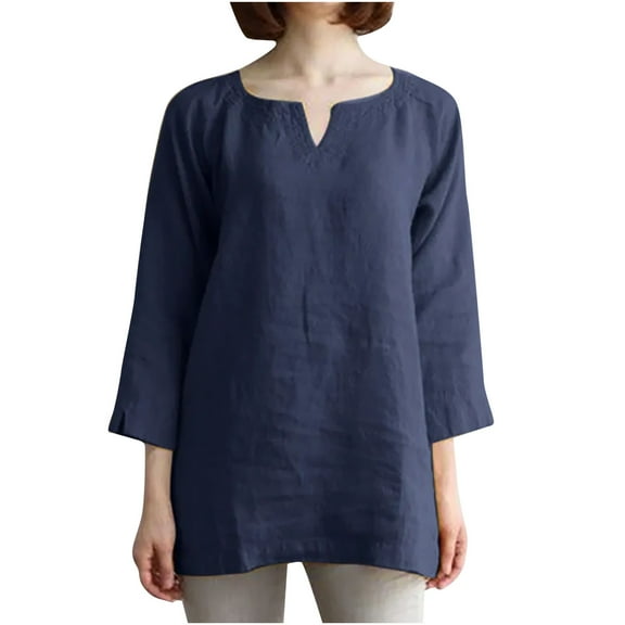 LEAVINGSUO Long Sleeve Shirts for Women, Fall Womens Tops Womens Spring and Summer V-Neck Long Sleeve Loose Casual Cotton