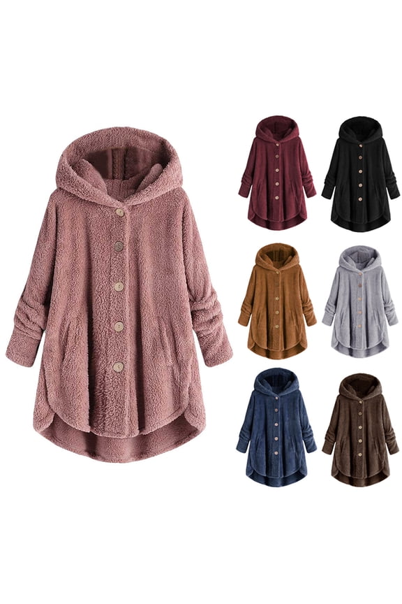 Warm Plush Lined Trench Women's Coat,Women Plus Size Button Tops Hooded Loose Cardigan Wool Coat Winter Gray S