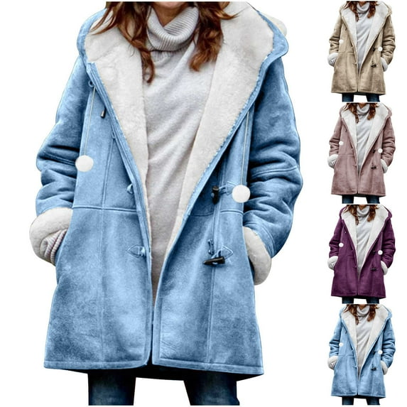 GaThRRgYP Warm Plush Lined Trench Women's Coat,Women Winter Plus Size Solid Plus Velvet Coat Long Sleeve Horn Buckle Pocket Overcoat Purple L