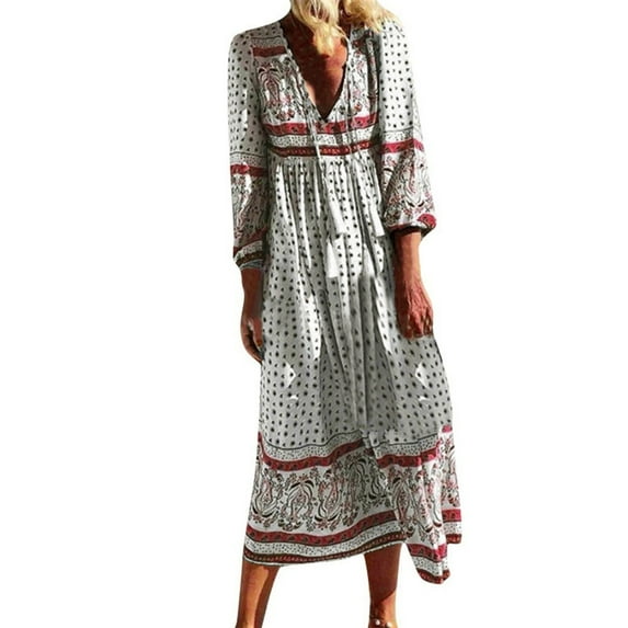 Black and Friday Womens Clothing Clearance under $5 asdoklhq Womens Maxi Dress Under $10,Women Casual Diurnal Boho V-Neck Floral Printed Holiday Long Dress