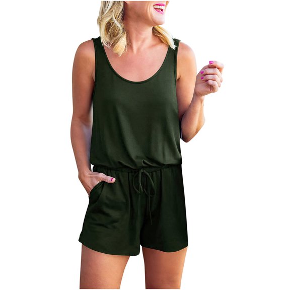 Black and Friday Womens Clothing under $5 asdoklhq Womens Jumpsuits and Rompers,Scoop Neck Sleeveless Casual Short Jumpsuit Rompers With Pockets