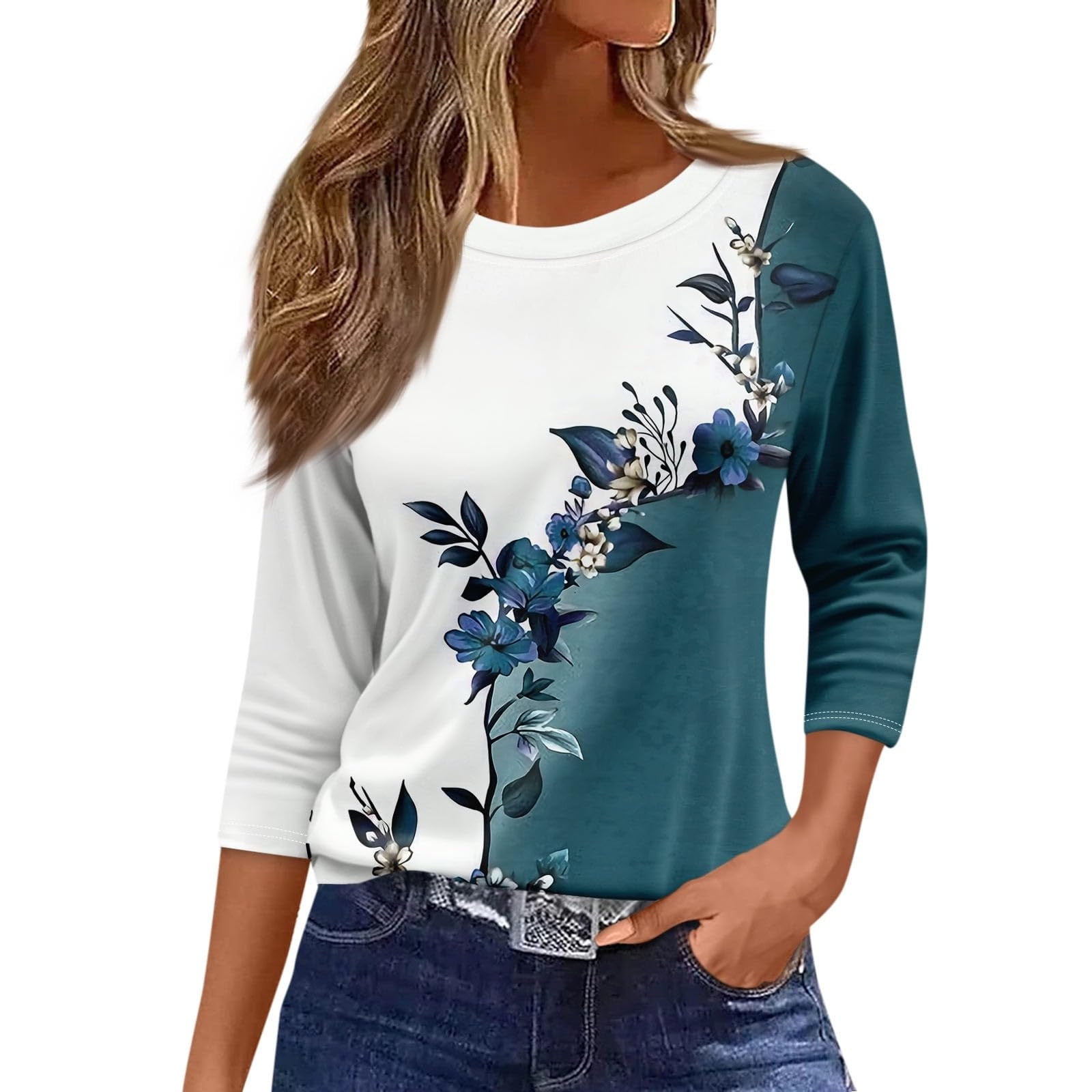Women's Raglan Baseball Tee - 3/4 Sleeve Round Neck Patchwork Print Blouse, Red - View #2
