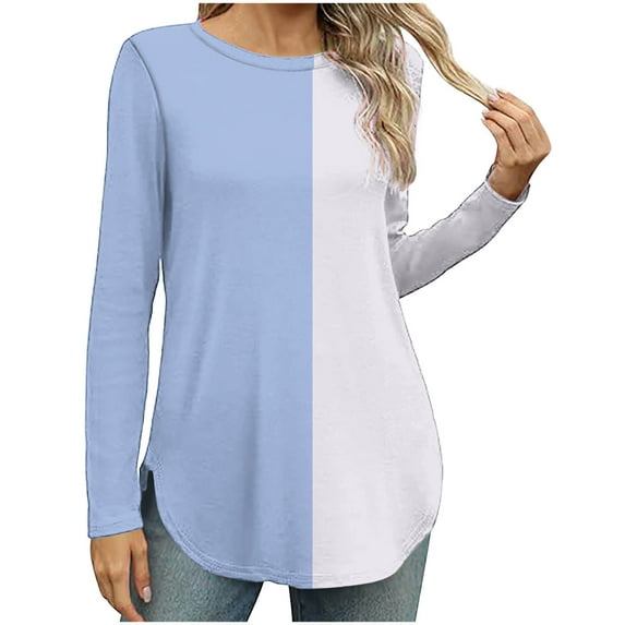 ChaoHeng Womens Tops Long Sleeve T-Shirt Color Block Casual Blouse for 2024 Fall/Winter Fashion Trendy(Light Blue,L)