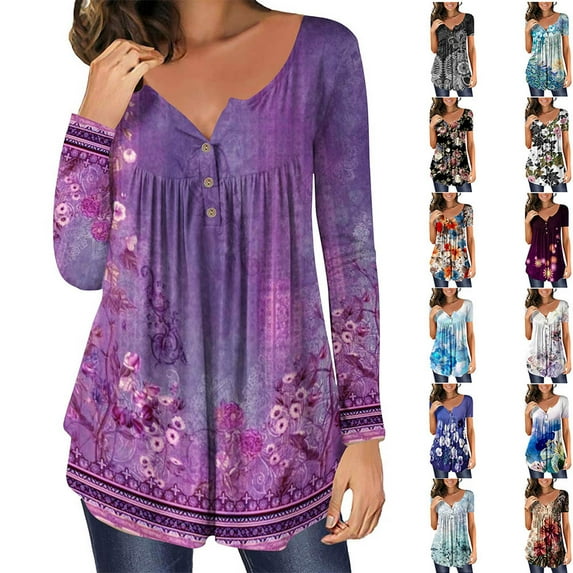 YOTAMI Long Sleeve Blouse for Women Fall Floral Print Dressy Casual V Neck Tops Tee Cute Slim Ladies Shirts Purple L