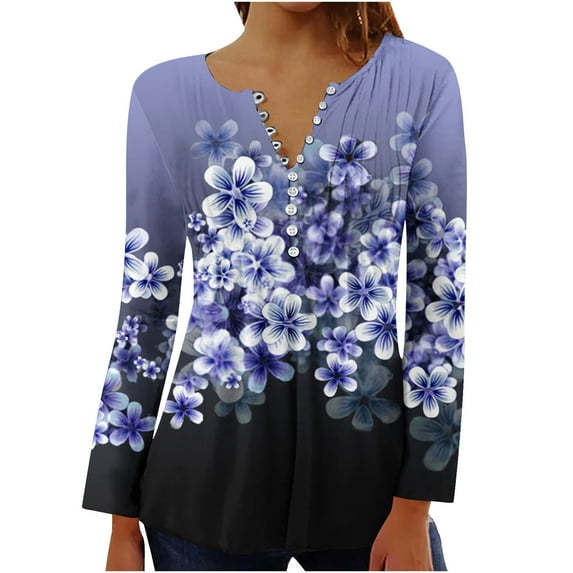 Black and Friday YOTAMI Long Sleeve Shirts for Women Under $10 V-Neck Floral Print Graphic T-Shirts Button Pleated Vintage Blouses Navy Womens Tops Sizes S