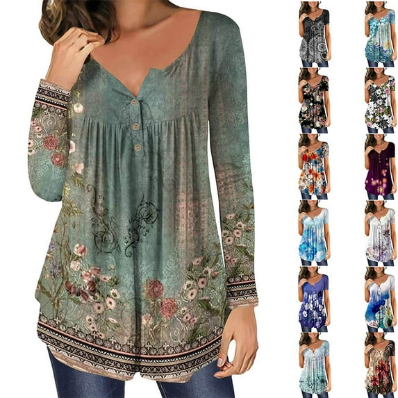 Black and Friday YOTAMI T Shirts for Women Under $5 Fall Pleated Print Plus Size Tops Long Sleeve Crewneck Winter Blouses Loose Plus Size Clothes Green S