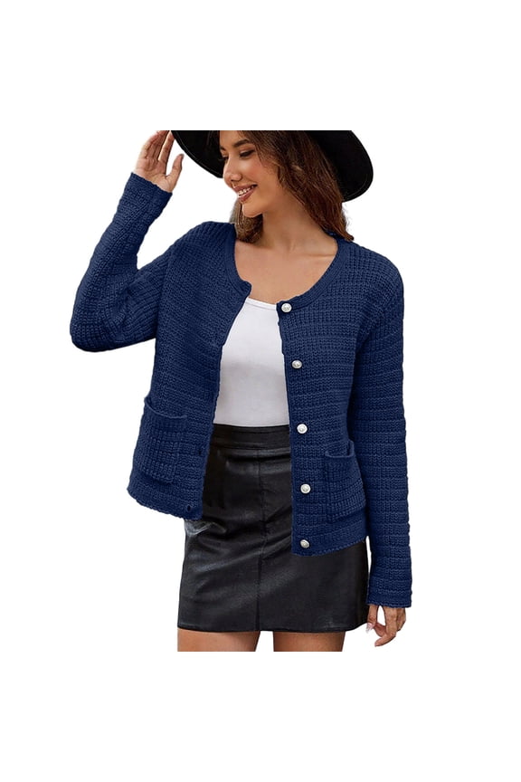 Casual Outerwear Women's Knit Jacket,Round Neck Long Sleeve Boucle Cardigan