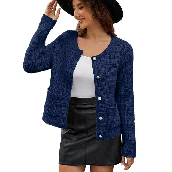 ChaoHeng Casual Outerwear Women's Knit Jacket,Round Neck Long Sleeve Boucle Cardigan