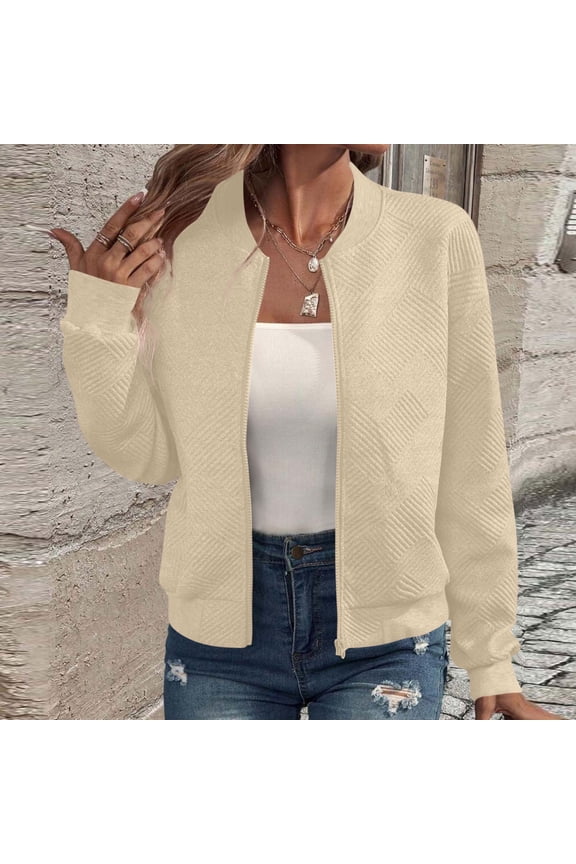 Black**Friday on Sale ChaoHeng Fall Jackets for Women 2025 Women's Solid Color Zip Front Jacket,Casual Long Sleeve Stand Collar Outerwear