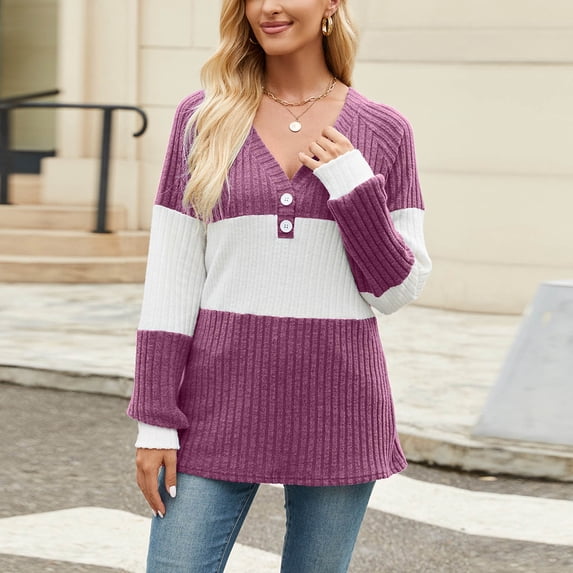 Black**Friday on Sale ChaoHeng Fall Sweaters for Women Women's Color Block Ribbed V-Neck Sweater,Button Detail Brushed Pullover