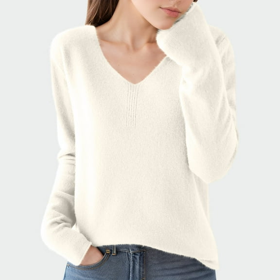 Black**Friday on Sale ChaoHeng Fleece Pullover Women Women's Solid Color V-Neck Lightweight Sweater,Long Sleeve Thin Knit Top