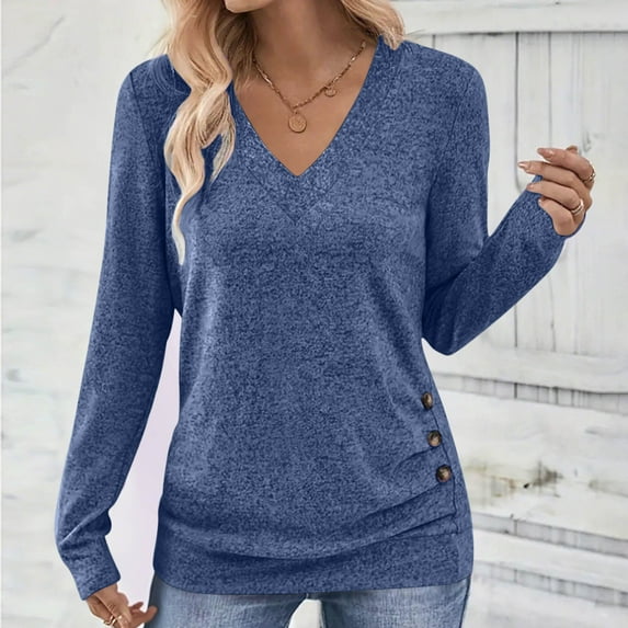 Black**Friday on Sale ChaoHeng Fleece Pullover Women Women's Solid Color V-Neck Pullover Sweater,Casual Loose Long Sleeve Top