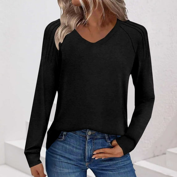 Black**Friday on Sale ChaoHeng Fleece Pullover Women Women's Solid Color V-Neck Pullover Sweater,Fashion Loose Top for Fall Winter