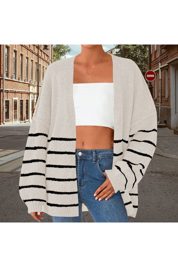 Black**Friday on Sale ChaoHeng Jackets for Women 2025 Women's Striped Long Sleeve Cardigan,Button Front Knit Sweater Wrap