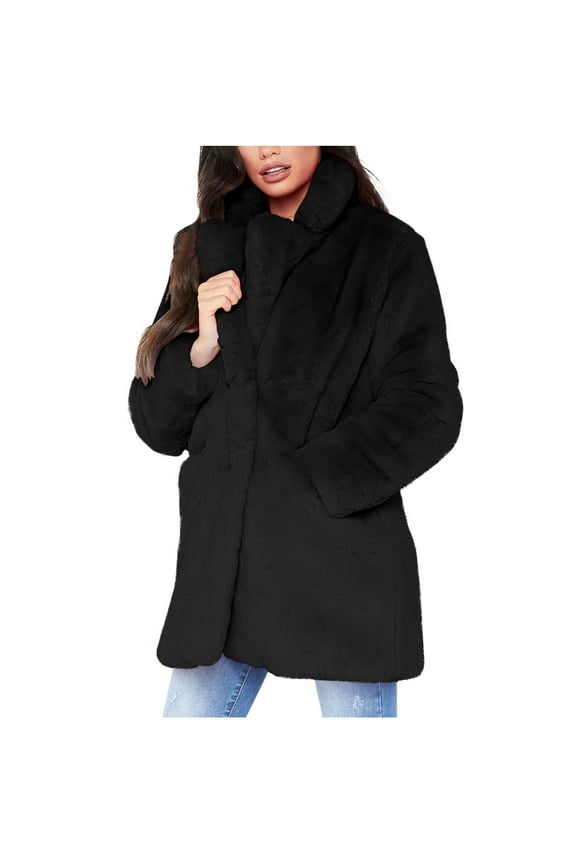 Black**Friday on Sale ChaoHeng Jackets for Women Trendy Women's Faux Rabbit Fur Jacket,Soft Plush Shirt Collar Coat with Pockets