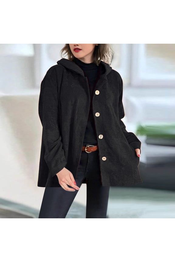 Black**Friday on Sale ChaoHeng Jackets for Women Women's Corduroy Hooded Jacket,Fashion Relaxed Long Sleeve Coat