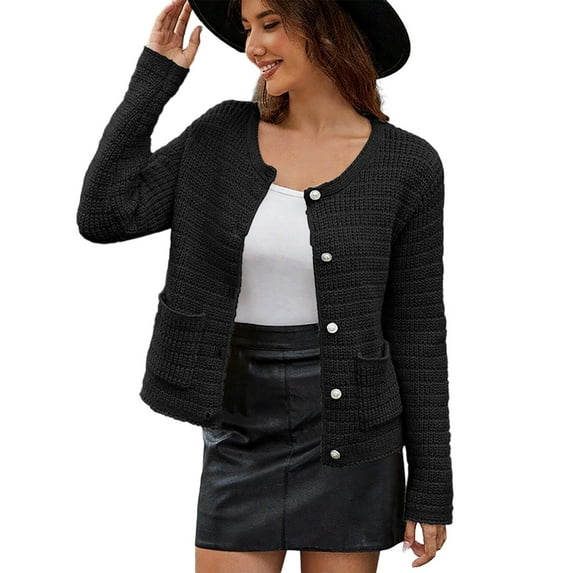 Black**Friday on Sale ChaoHeng Ladies Casual Coats Women's Knit Jacket,Round Neck Long Sleeve Boucle Cardigan