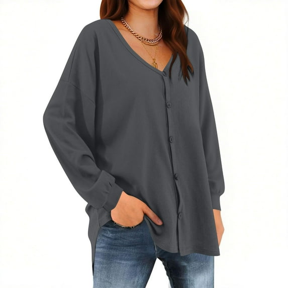 Black**Friday on Sale ChaoHeng Ladies Casual Jackets Women's Solid Color Drop Shoulder Cardigan,Oversized Long Sleeve Open Front Knit Top