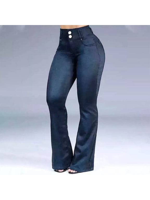 Black*Friday on Sale ChaoHeng Ladies Pants with Elastic Waist Women's Fashion High-Waisted Stretch Denim Bootcut Jeans with Pocket Details