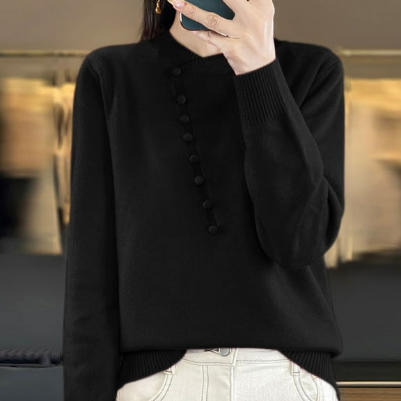 Black**Friday on Sale ChaoHeng Off The Shoulder Sweater Women's Solid Color Round Neck Button Detail Sweater,Fashion Casual Knit Top