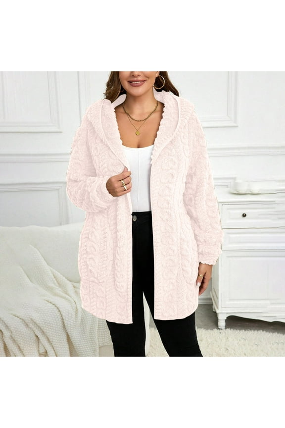 Black**Friday on Sale ChaoHeng Plus Size Winter Coats for Women Women's Solid Color Plush Hooded Jacket,Soft Fleece Long Sleeve Lounge Coat