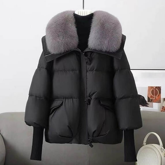 Black*Friday on Sale ChaoHeng Winter Jackets for Women Plus Size Women's Solid Color Hooded Puffer Jacket,Zipper Pockets Faux Fur Collar Parka