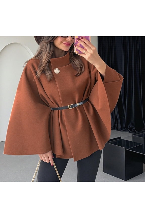 Black**Friday on Sale ChaoHeng Women Coats&Jackets Women's Tweed Cape with Tie Waist,Fashion Wool Blend Cape Coat with Bell Sleeves