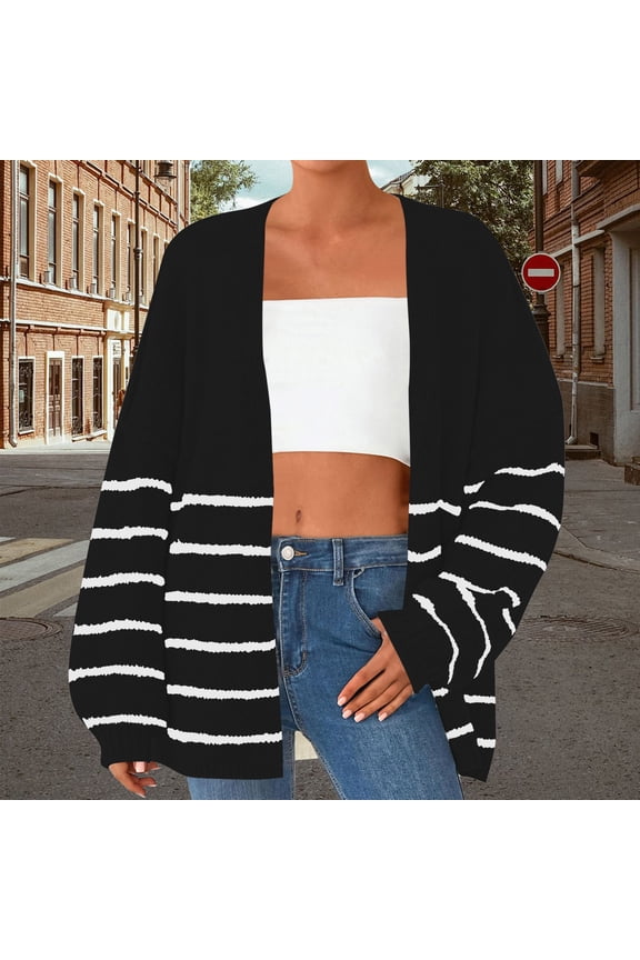 Black**Friday on Sale ChaoHeng Women Jackets for Spring Women's Striped Long Sleeve Cardigan,Button Front Knit Sweater Wrap