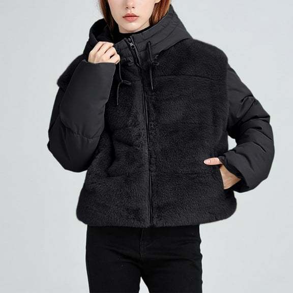 Black*Friday on Sale ChaoHeng Women Outerwear Outfit Women's Colorblock Faux Fur Hooded Puffer Jacket,Short Warm Cotton Coat