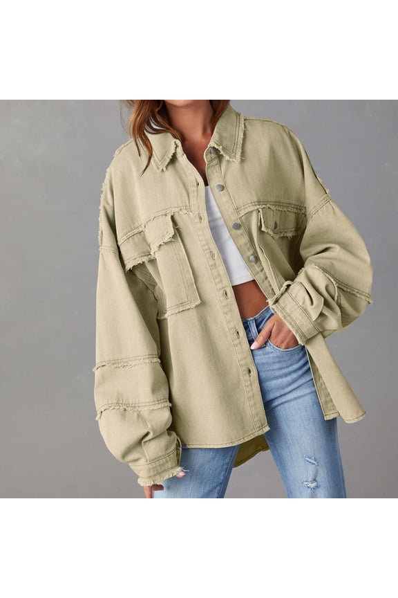 Black**Friday on Sale ChaoHeng Women Winter Coats Women's Denim Shirt Jacket,Long Sleeve Chambray Button Down Top with Pockets