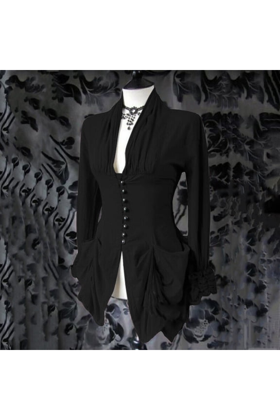 Black**Friday on Sale ChaoHeng Women Winter Coats Women's Medieval Style Jacket,Asymmetrical Hem Triple Row Button Long Sleeve Top