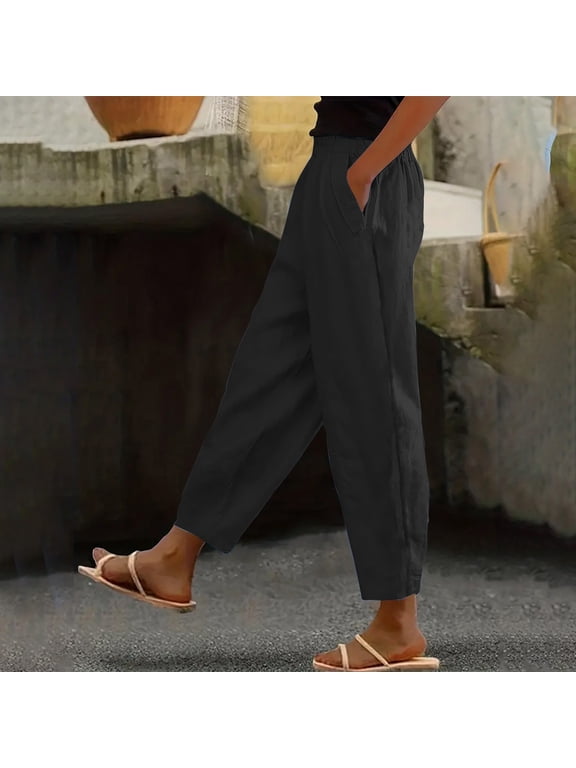 Black*Friday on Sale ChaoHeng Womens Casual Wide Leg Pants Women's Summer Solid Color Linen-Imitating Pull-On Pants with Pockets