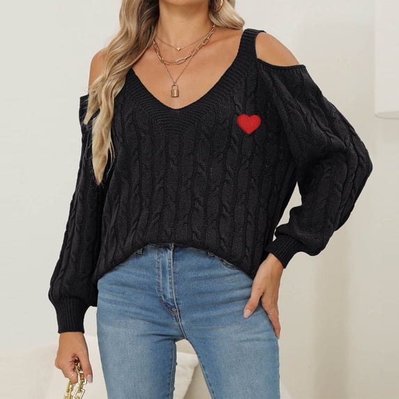 Black**Friday on Sale ChaoHeng Womens Sweaters 2025 Women's Deep V-Neck Off Shoulder Sweater,Loose Pullover Top