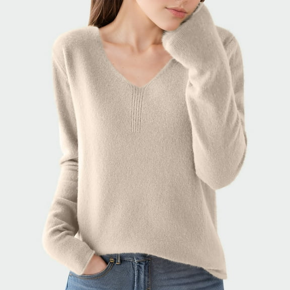Black**Friday on Sale ChaoHeng Womens Sweaters 2025 Women's Solid Color V-Neck Lightweight Sweater,Long Sleeve Thin Knit Top