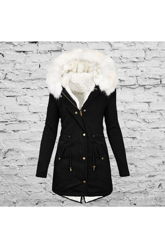 Black*Friday on Sale ChaoHeng Womens Winter Coats Women's Faux Fur Hooded Jacket,Zip Front Plush Coat with Drawstring and Button Details