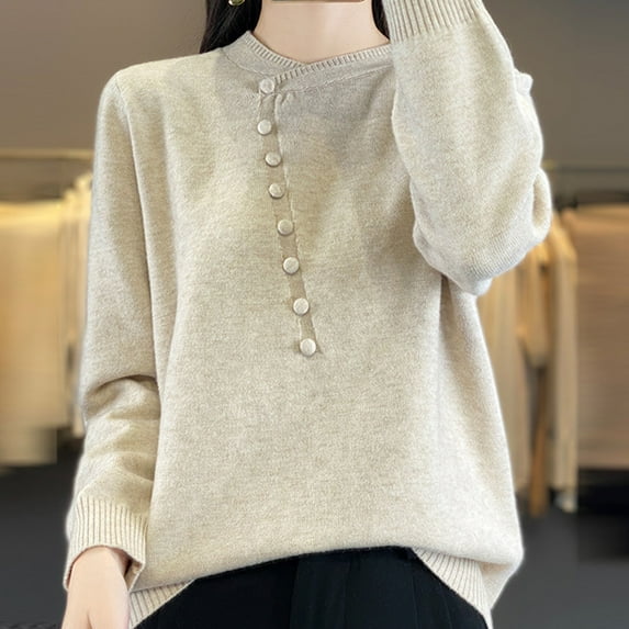 Black**Friday on SaleChaoHeng Fall Sweaters for Women 2025 Women's Solid Color Round Neck Button Detail Sweater,Fashion Casual Knit Top