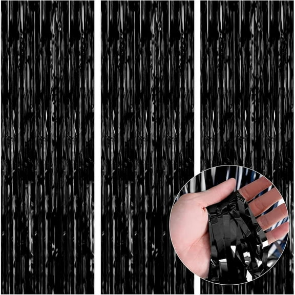 Black Fringe Curtain Party Streamers 3 Pack 3.3x6.6 Ft Foil Fringe Backdrop Curtains for Birthday Wedding Bridal Baby Shower Halloween Decor Tinsel Streamers Black Party Decorations Door Streamers