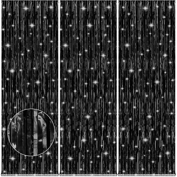 Black Fringe Curtain Party Streamers 3Pack 3.3x9.9 Ft Foil Fringe Backdrop Curtains for Birthday Wedding Bridal Baby Shower Holiday Tinsel Streamers Black Party Decorations Door Streamers