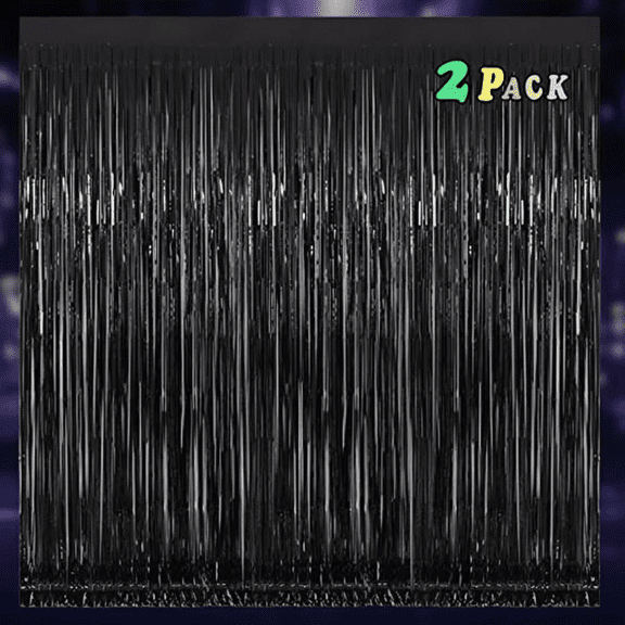 Black Fringe Tinsel Backdrop Curtain for Party Decorations, 3.2x8 ft Photo Booth Background for Birthday Graduation New Year's Eve Celebrations and Events - 2 Pack