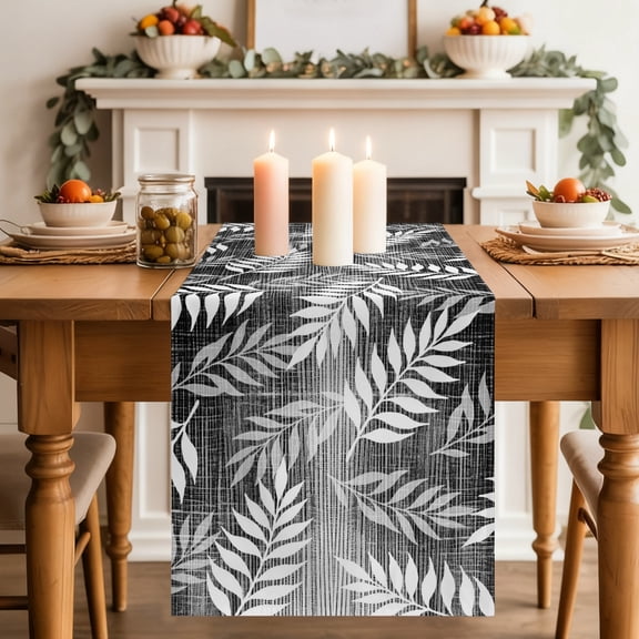 Black Fronds Dining Table Runner, Black Slate Leaf Plant Canvas Weave Texture Washable Table Runners Kitchen Coffee Table Center Decor for Home Party Holiday Wedding 13 x 70 Inches