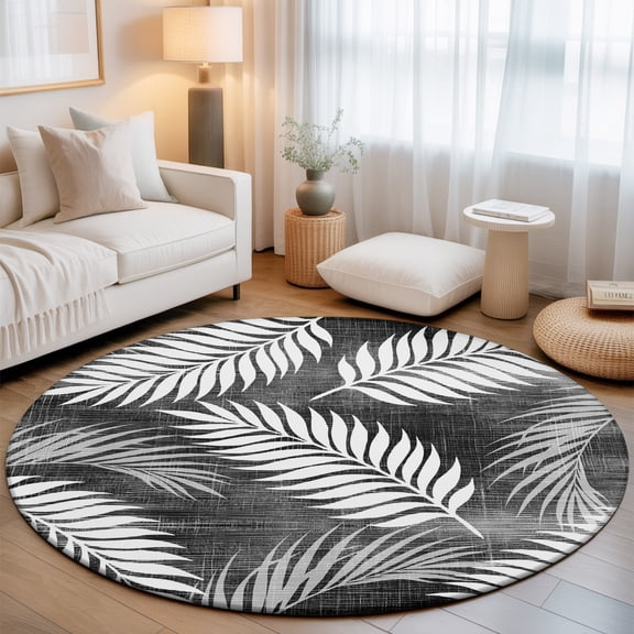 Black Fronds Small Round Rug 3Ft Black Slate Gray Leaf Plant Canvas Weave Texture Area Rugs Washable Non Slip Indoor Floor Mats Circle Carpet for Living Room Bedroom Dining Room Home Decor