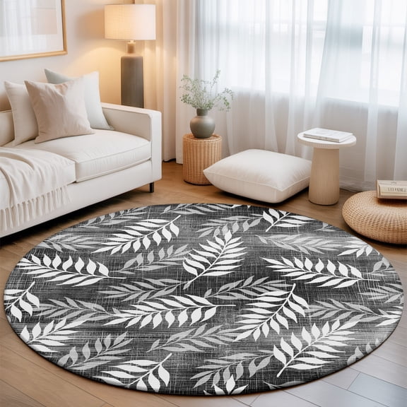 Black Fronds Small Round Rug 3Ft Black Slate Leaf Plant Canvas Weave Texture Area Rugs Washable Non Slip Indoor Floor Mats Circle Carpet for Living Room Bedroom Dining Room Home Decor